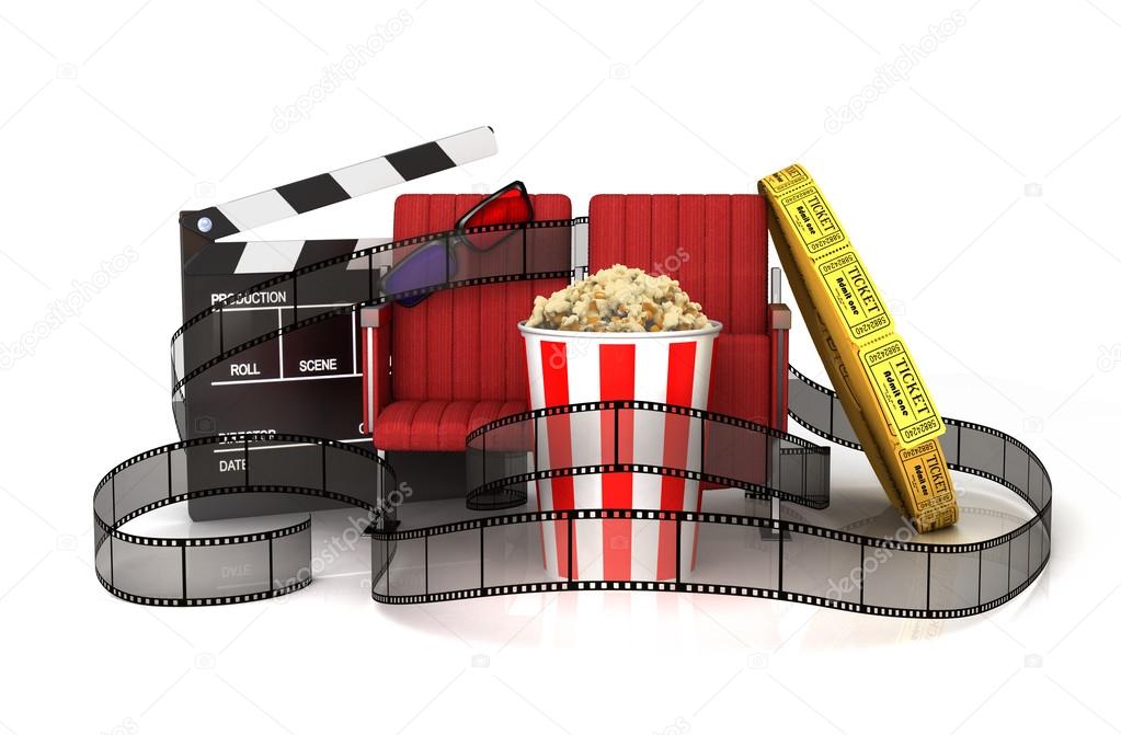  Cinema clapper board, popcorn, 3d glasses, theater seat and tic