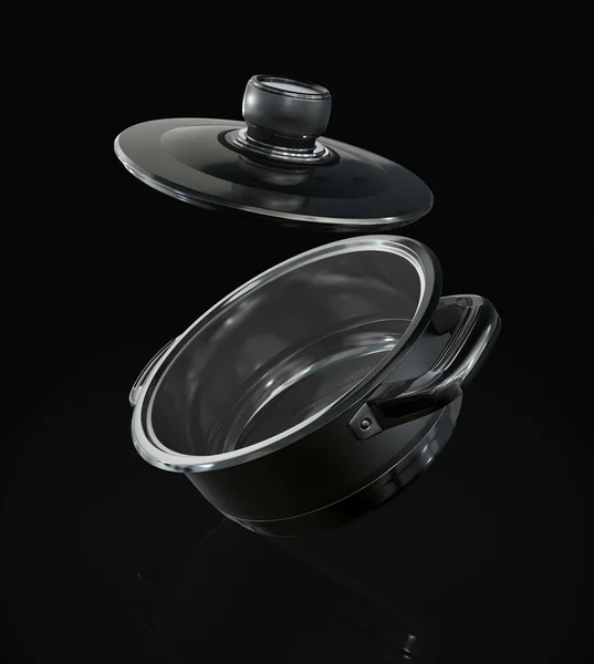 Стальная сковорода с открытой крышкой на черном фоне . — стоковое фото