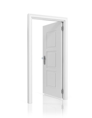 izole beyaz zemin üzerine beyaz boş açılan kapı şablonu.