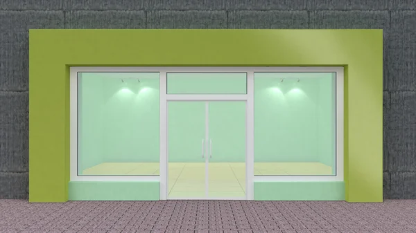 Front de magasin vert vide avec grandes fenêtres — Photo