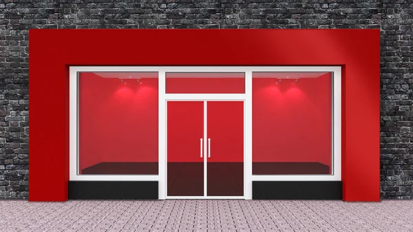 Порожній червоний магазин фронту з великими вікнами — стокове фото