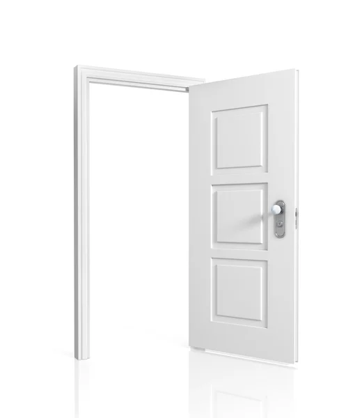 Witte lege geopende deur, geïsoleerd op witte achtergrond. — Stockfoto