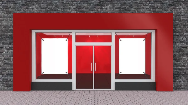 Fronte negozio rosso vuoto con grandi finestre con bordo — Foto Stock