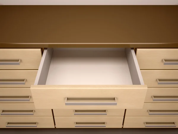 Ilustração 3d de cômoda com caixa vazia aberta — Fotografia de Stock