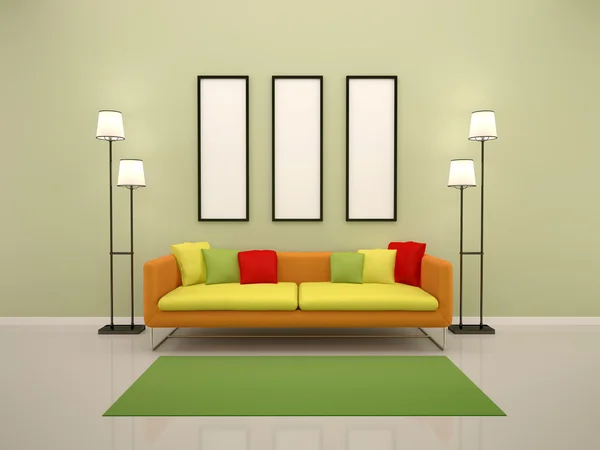 3D illustratie van lichte interieur met sofa en lege frames — Stockfoto