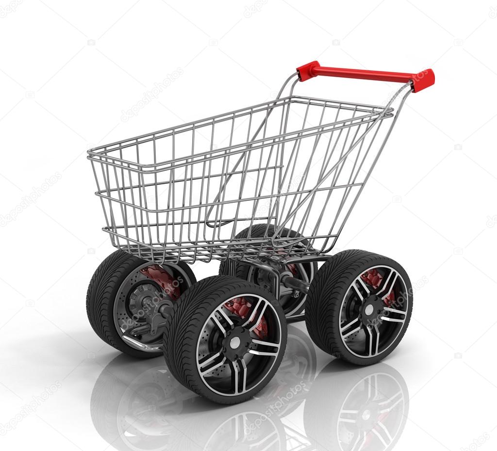 Shopping cart with big car wheel on the white background. Fast s