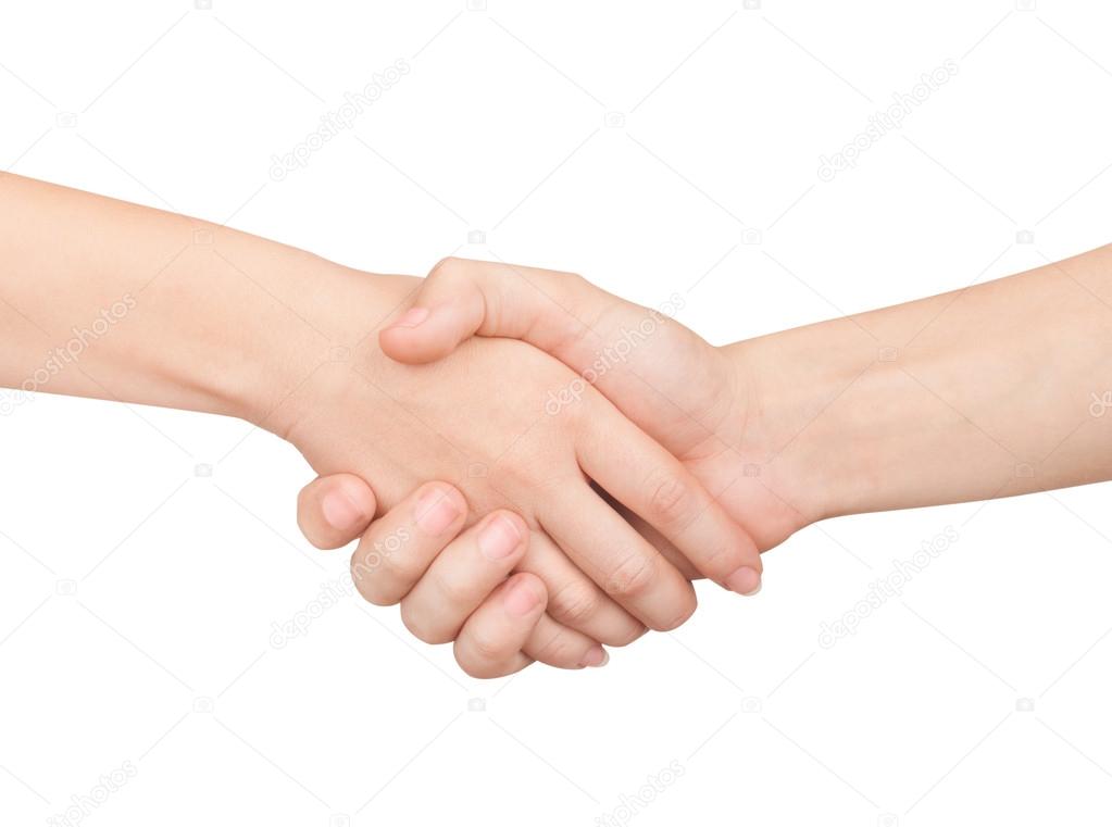 Woman and man handshaking. Isolated on white.
