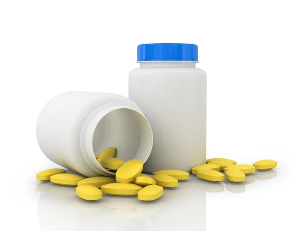 White jars with yellow tablets — Stock Photo, Image