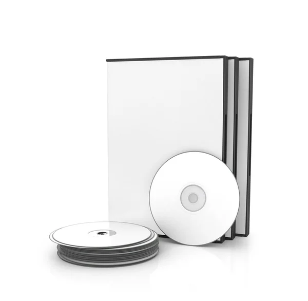 DVD, scatola CD con dischi isolati su sfondo bianco — Foto Stock