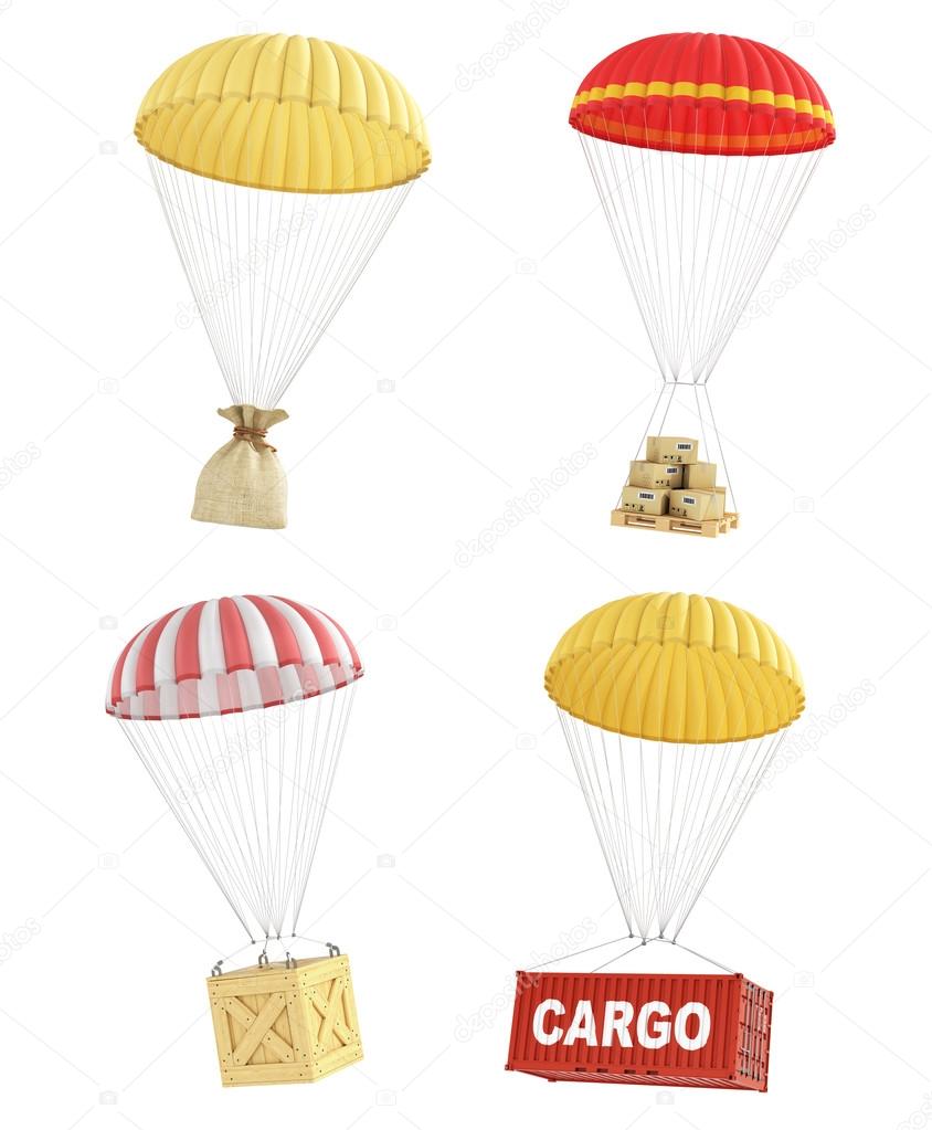 Concept of delivery. Set of colorful parachutes with different p