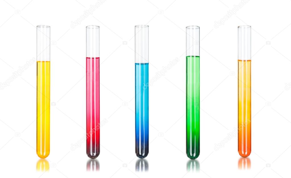 Colored liquids in five test tubes isolated over white backgroun