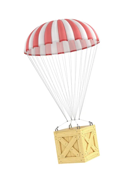 Concept of fast delivery. Wooden box falling on the parachute on — Stock Photo, Image