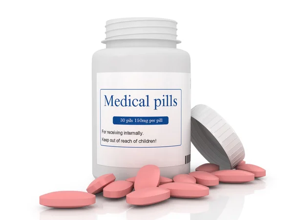 White jar with an open cover and pink tablets on a white backgro — Stock Photo, Image