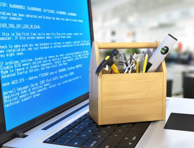 Teknik Servis ve tamir bilgisayar kavramı. Ahşap kutu wi