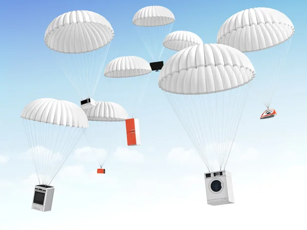 Concept of big sales. Home technic on the parachute falling in t — Stock Photo, Image