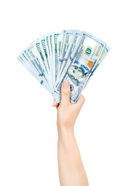 Mão segurando dinheiro dólares isolados no fundo branco — Fotografia de Stock