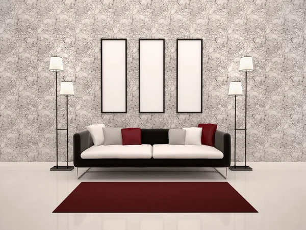 Ilustração 3d de sofá e moldura no estilo de minimalismo — Fotografia de Stock