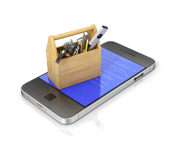技术服务和维修手机的概念。木制包装盒 — 图库照片