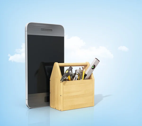 技術サービスおよび修理の電話の概念。木製の箱 — ストック写真