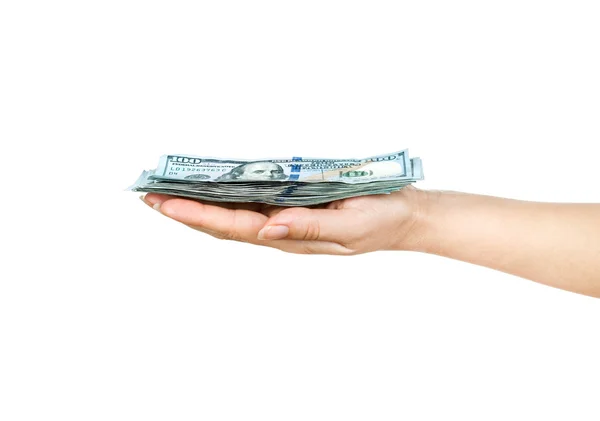 Wad of one hundred dollar bills held in hand — Stock Photo, Image