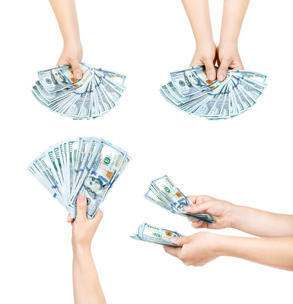 Collection of Hands holding dollars isolated on white background — Stock Photo, Image