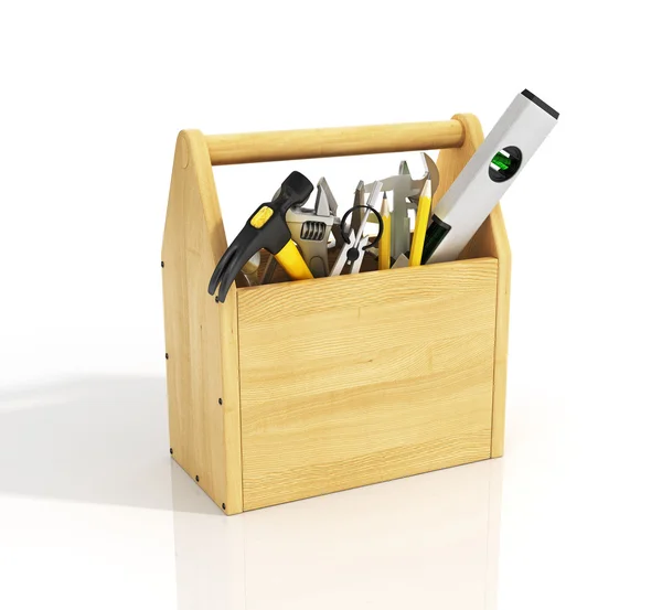 Caja de herramientas de madera con herramientas . — Foto de Stock