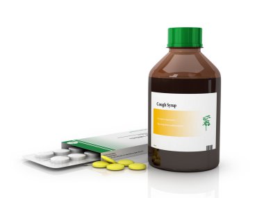 Şişe şurubu ve beyaz zemin üzerine tablet ambalaj