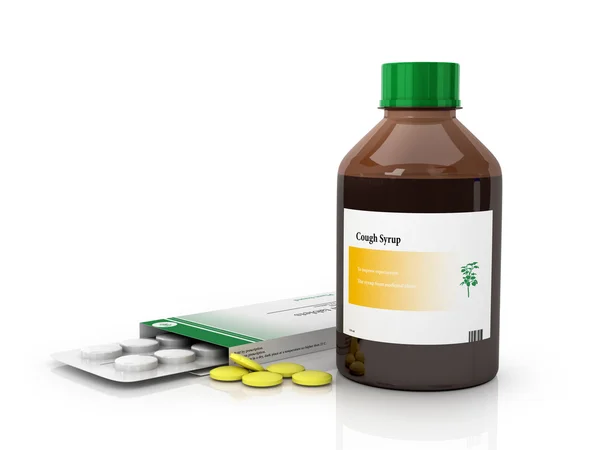 Bottle of syrup and packaging of tablets on a white background — Stock Photo, Image