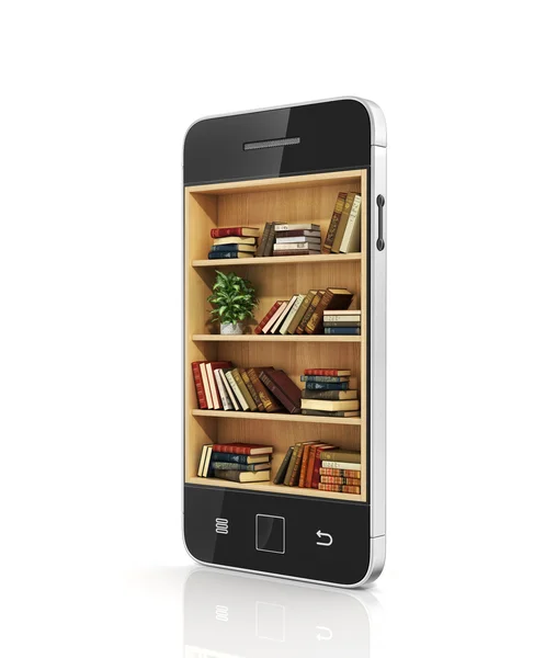 E-book concept. Bookshelf with books in the phone display. — Stock Photo, Image