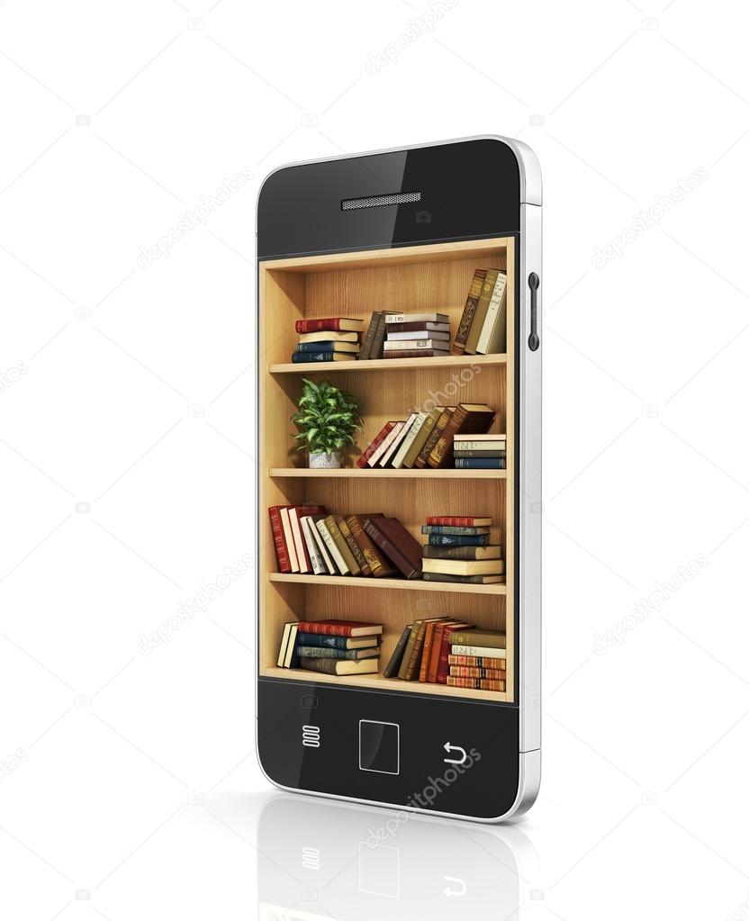 e-book concept. Bookshelf with books in the phone display.
