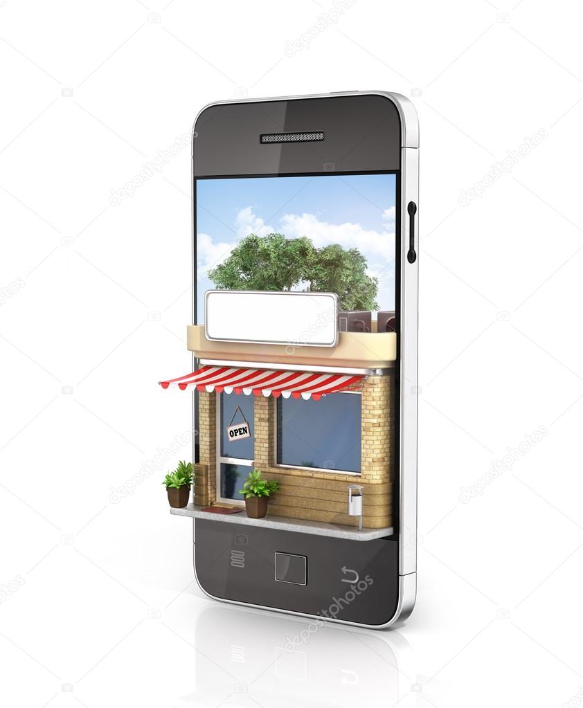 Concept of phone online store. Online store mobile flat design. 