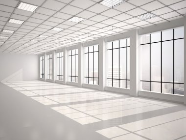 büyük pencereler ile boş ofis 3D çizimi