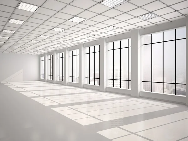 Ilustração 3d de escritório vazio com grandes janelas — Fotografia de Stock