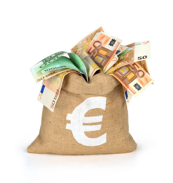 Sacchetto di denaro con diverse banconote in euro — Foto Stock