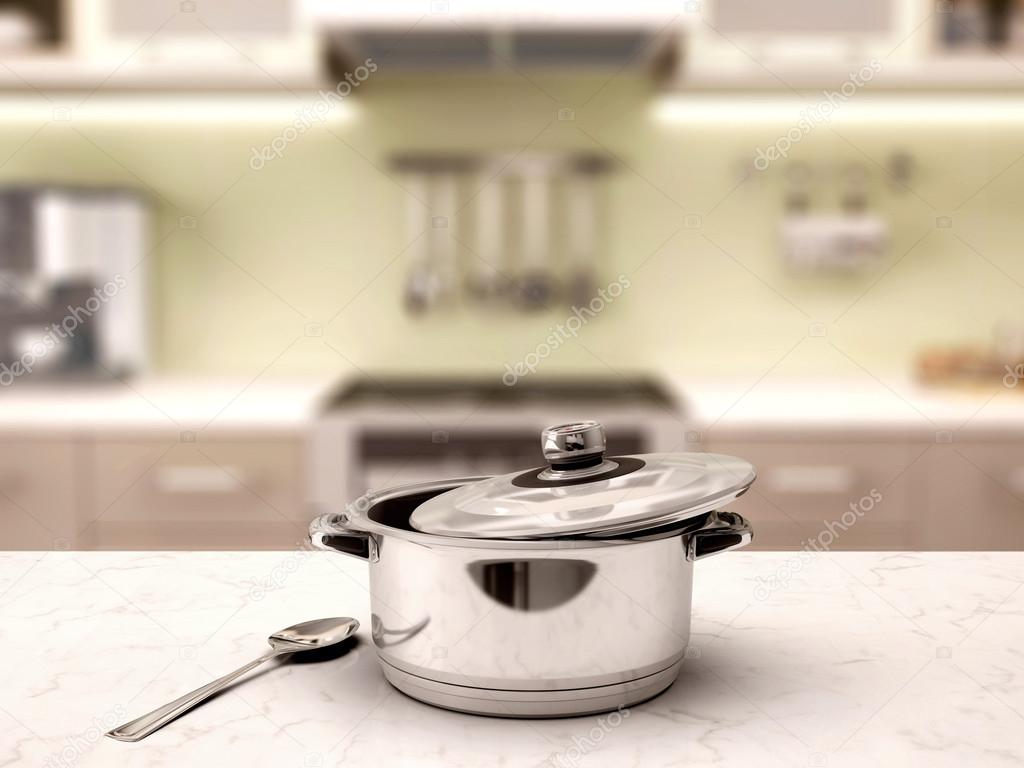 3d illustration of pan with a spoon on the kitchen table