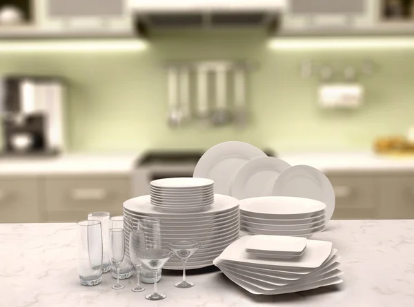 3d illustration of a set of white plates and glasses on the kitc — Stock Photo, Image