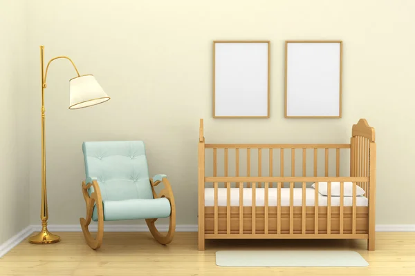 Kinderslaapkamer met een wieg, stoel en vloerlamp, — Stockfoto