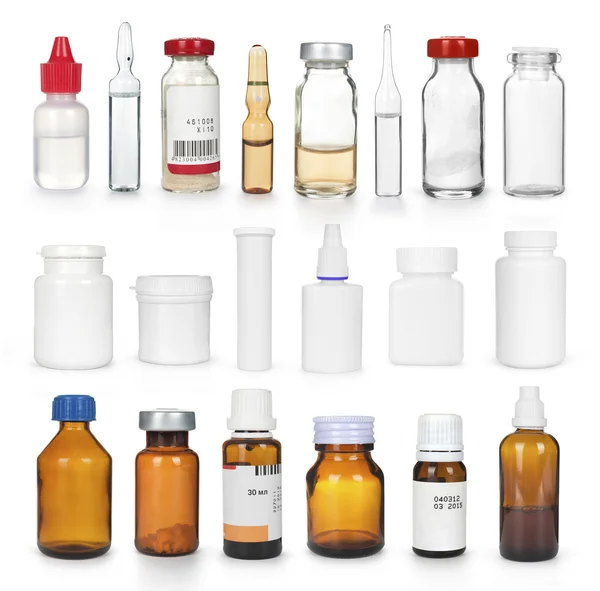 Ensemble de diverses bouteilles médicales isolées — Photo