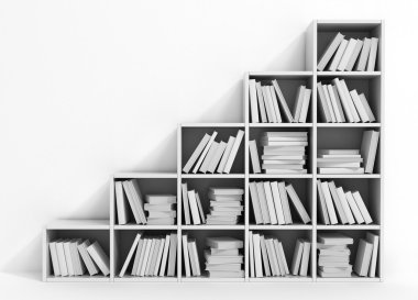 Library bookshelf full of books. White books on the white shelf.