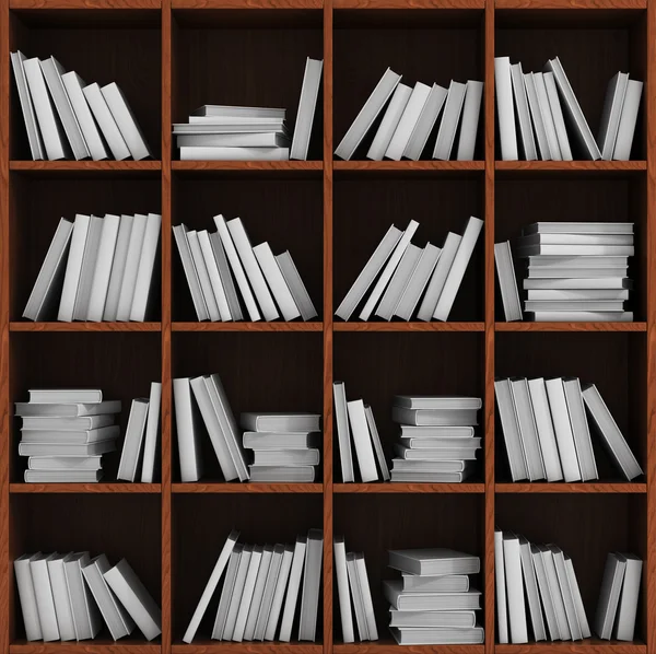 Library bookshelf full of books. White books on the wood shelf. — Stockfoto