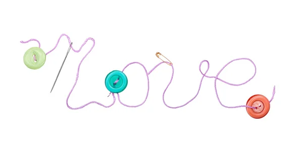 Inscription purple thread the word love on white background — Stockfoto