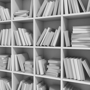 Library bookshelf full of books. White books on the white shelf.