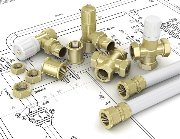 Plumbing valves and hoses in the drawings — Stock Photo, Image