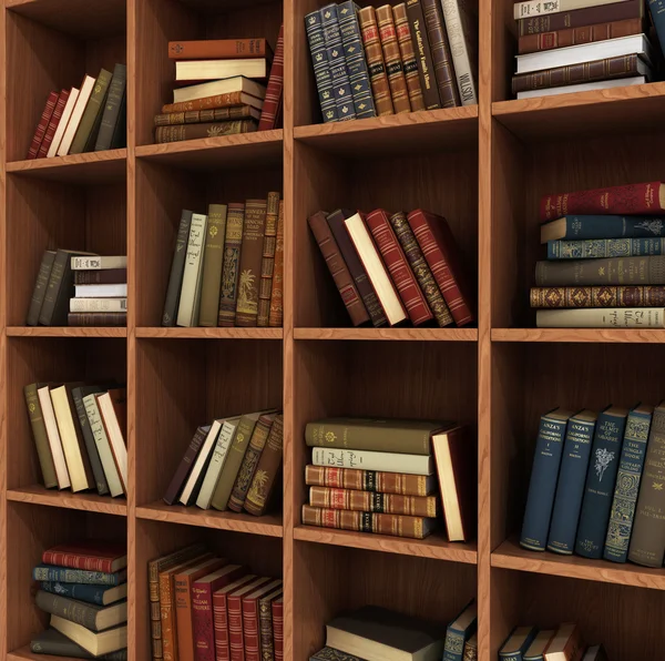 Libreria della biblioteca piena di libri. Libri sullo scaffale di legno . — Foto Stock