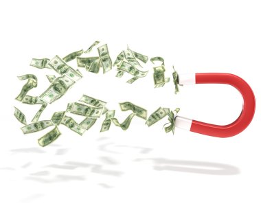 Beyaz arka plan üzerinde izole Doları banknot ile mıknatıs