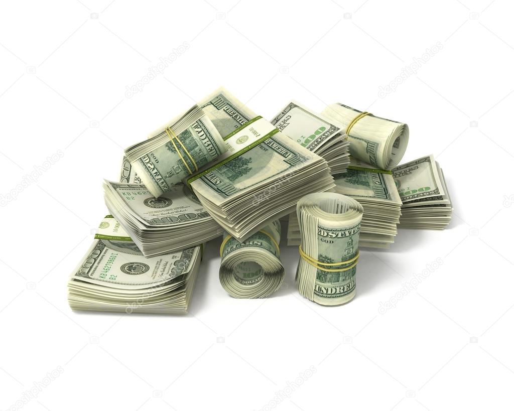 rolls of dollars and stacks of bills isolated on white