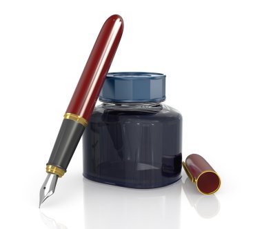 Bir kavanoz mürekkep beyaz zemin üzerine kırmızı mürekkep kalemle.