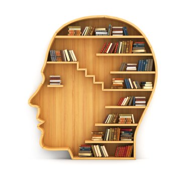 Eğitim kavramı. Adam başı şeklinde ahşap kitaplık. Scien