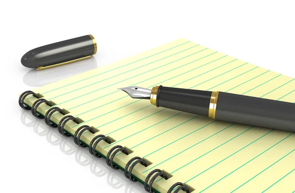 Bloco de notas com caneta-tinteiro sobre fundo branco — Fotografia de Stock