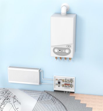 The concept of heating with radiators and a boiler . Underfloor